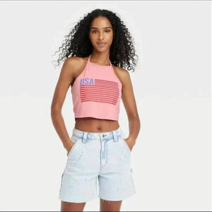 NWT Isaac Morris Women's USA Flag Graphic Halter Cropped Top Coral Pink XS